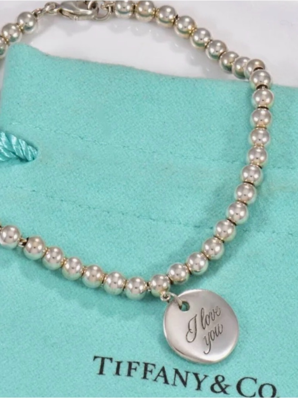Tiffany & Co. Silver Bead Bracelet with Engraved 'I love you' Disc